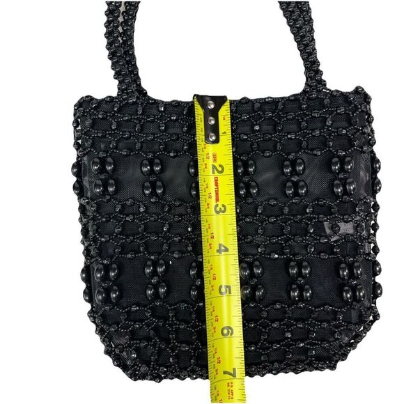 Sasha Black Beaded Handbag Purse Formal Evening Bag Two Handles Mesh Lined Zip - Picture 10 of 11